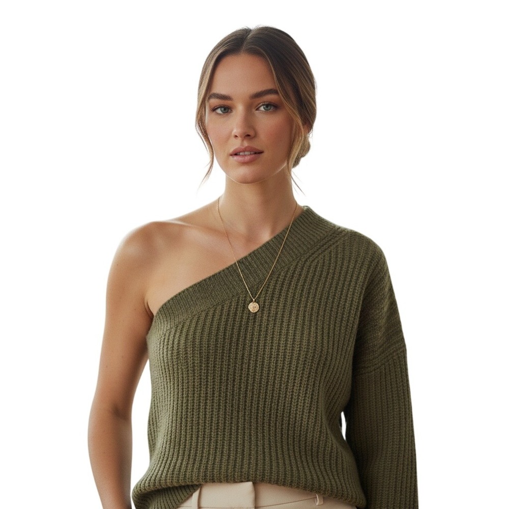 360Cashmere Lena Sweater One Shoulder Olive Green X Small Medium Luxury NWT $403